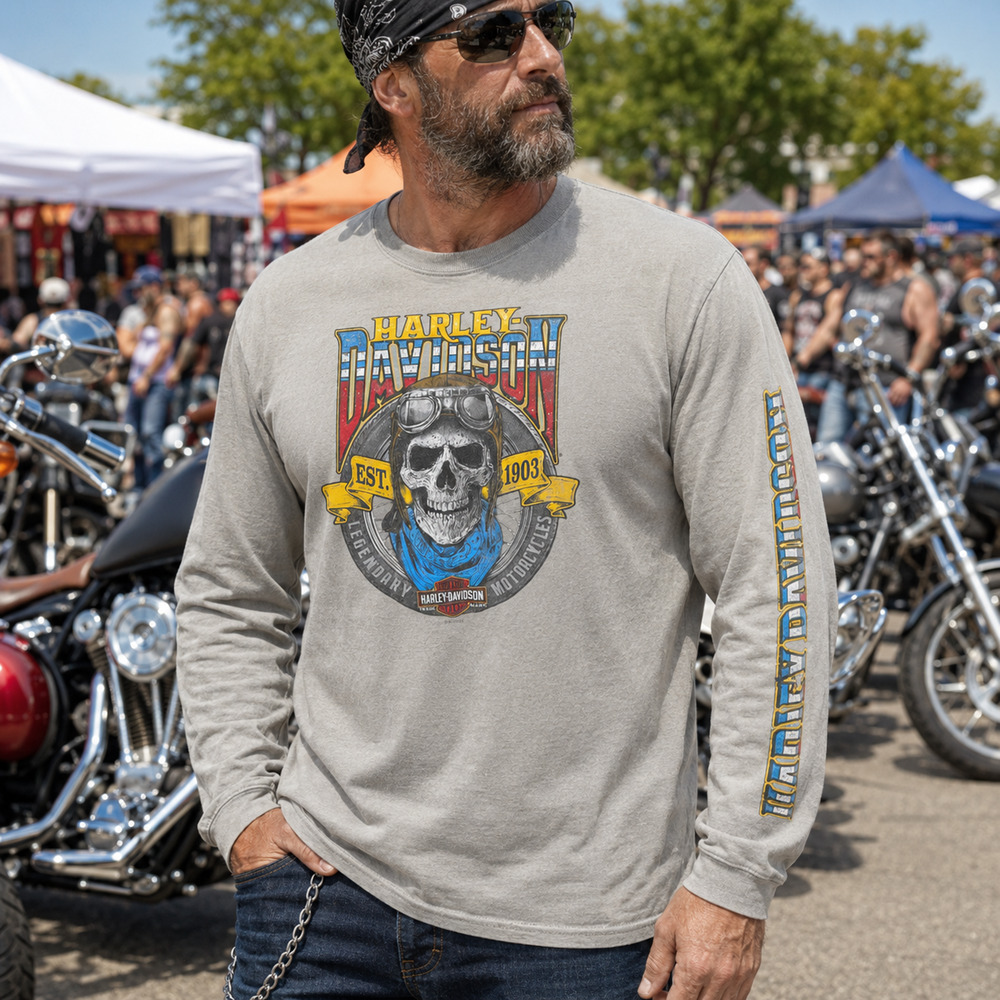 Harley Davidson Mens L Gray Long Sleeve Skull Graphic Biker Shirt Newnan GA 2018